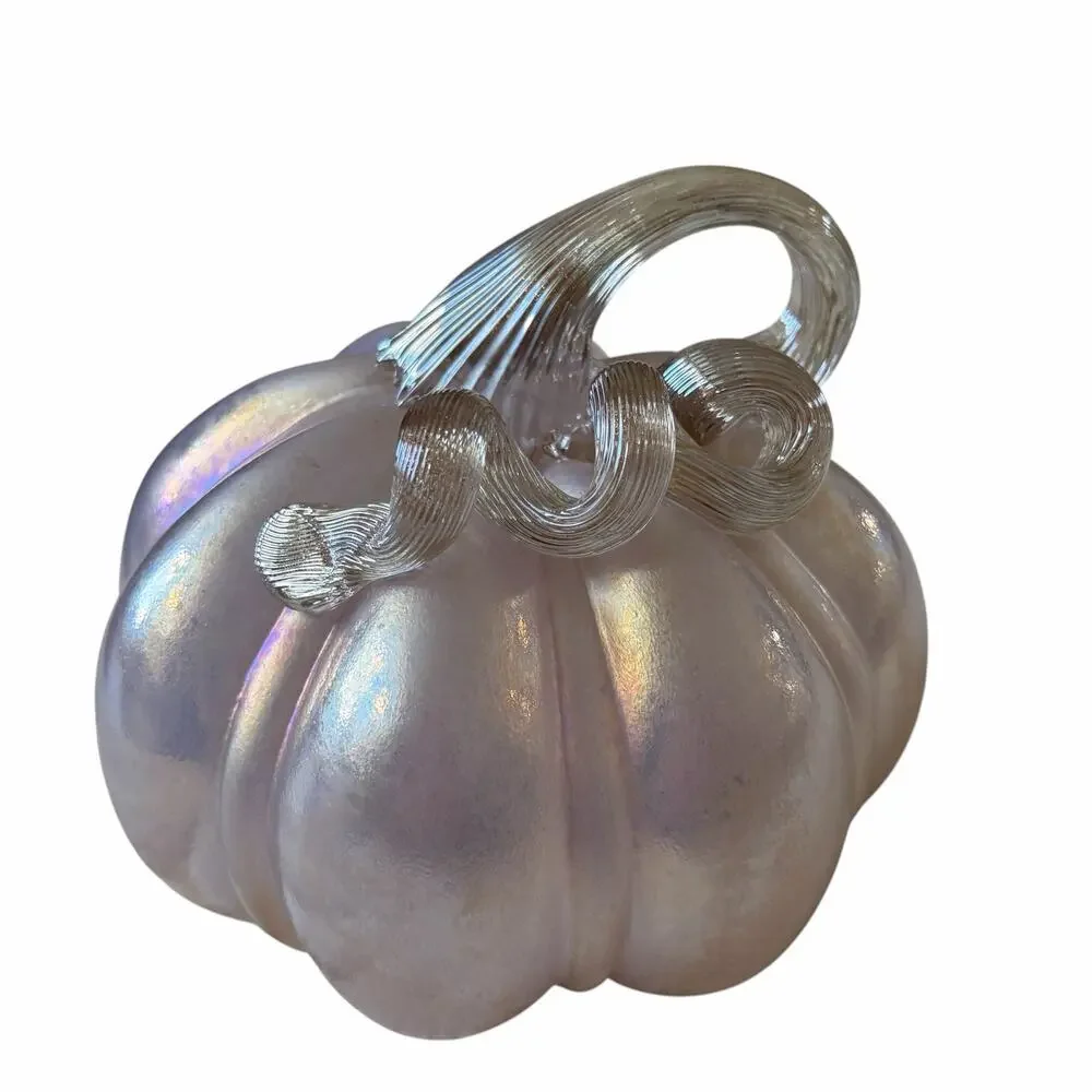 Hand Blown Art Glass Pumpkin 6in Iridescent Pink Chic Fall Designer Decor NEW